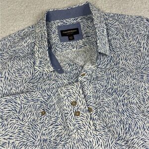 Johnston & Murphy Shirt Mens 3XL White Blue Fish Print Linen Blend Flip Cuffs
